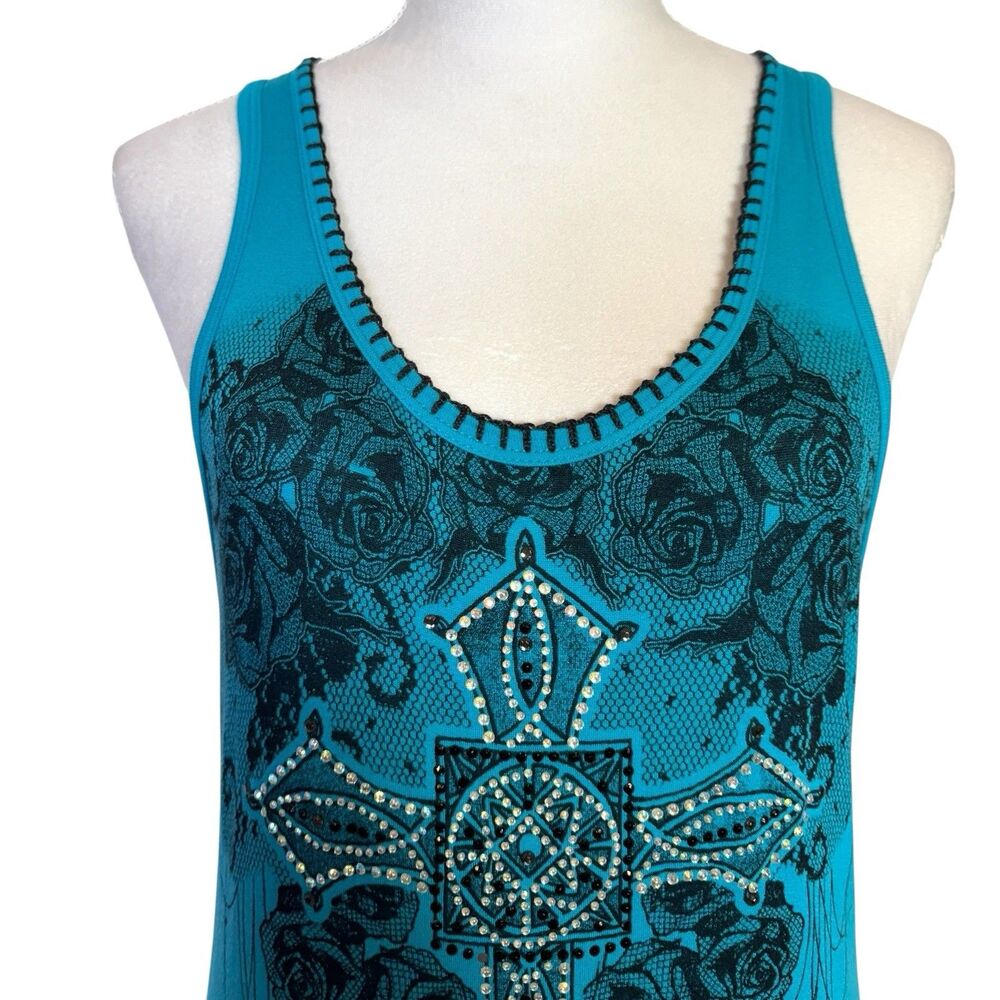 Vocal Teal Sleeveless Cross & Rose Studded High-Low dress - Picture 3 of 9